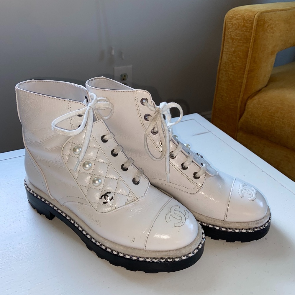 Chanel White 2018 Faux Pearl Combat Boots